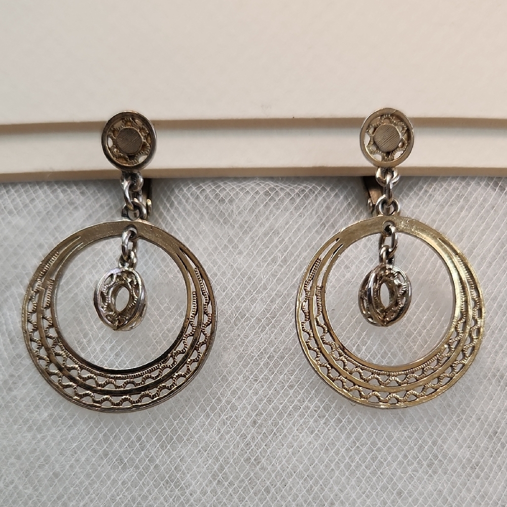 Vintage Silve-Toned Double Hoop Dangle Clip-On Earrings Ornate Filigree